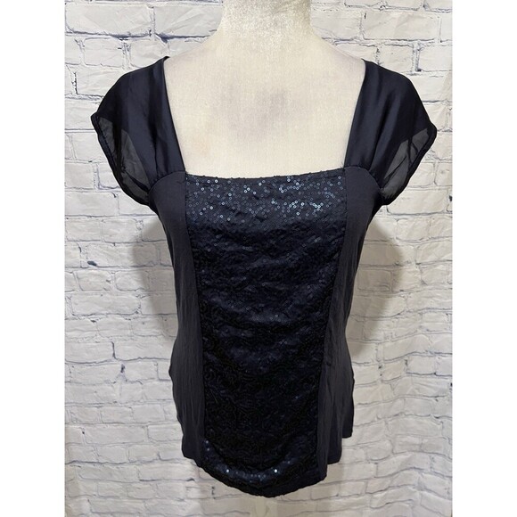 Cynthia Rowley Womens Blouse Sleeveless Sequin Square Neck Navy Blue size Large - Picture 1 of 6